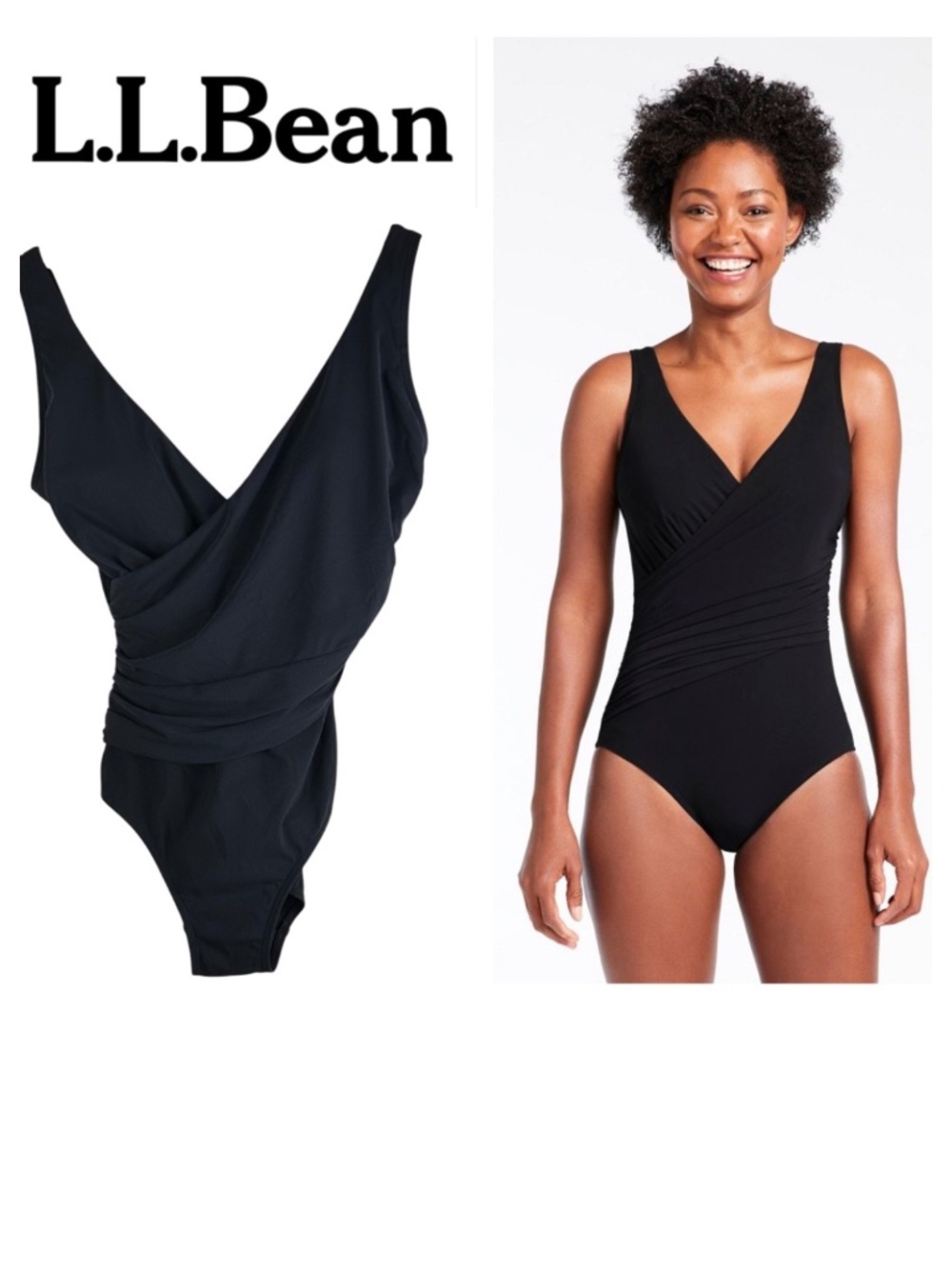 LL Bean Shaping Swimwear Swimsuit Womens Sz 8 Black One Pc. UPF 50+ Ruched